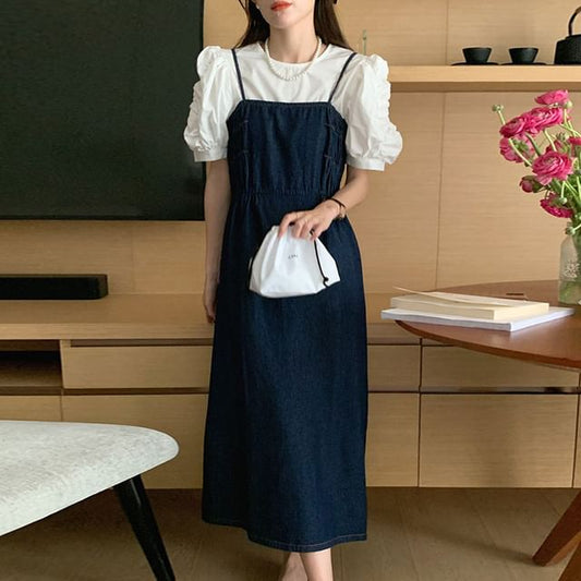 Puff-Sleeve Round Neck Plain Ruched Blouse / Denim Maxi Jumper Dress