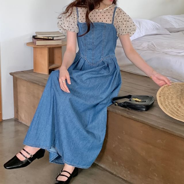 Puff-Sleeve Crew Neck Dotted Blouse / Denim Maxi Dungaree Dress