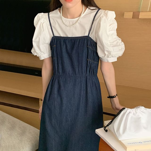 Puff-Sleeve Round Neck Plain Ruched Blouse / Denim Maxi Jumper Dress