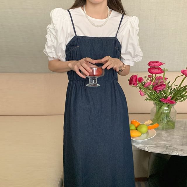 Puff-Sleeve Round Neck Plain Ruched Blouse / Denim Maxi Jumper Dress