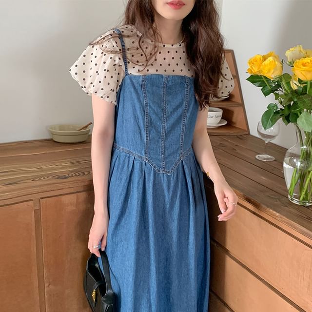 Puff-Sleeve Crew Neck Dotted Blouse / Denim Maxi Dungaree Dress