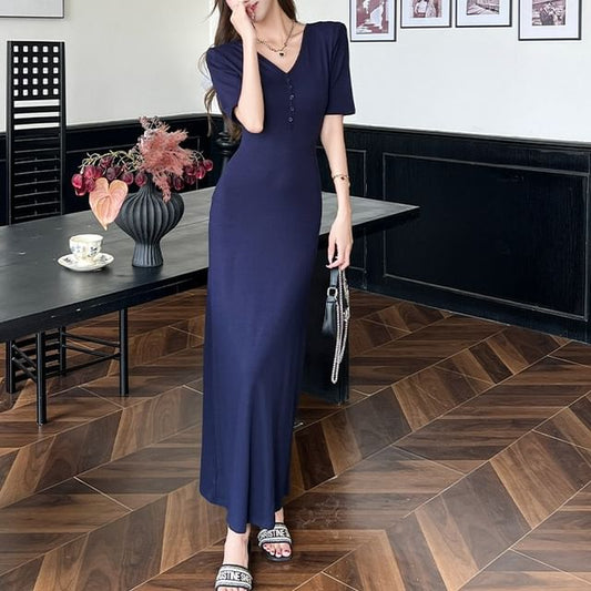 Short-Sleeve V-Neck Plain Maxi A-Line Dress