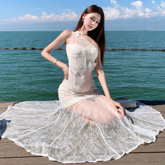 Sleeveless Asymmetrical Mesh Maxi Bodycon Dress