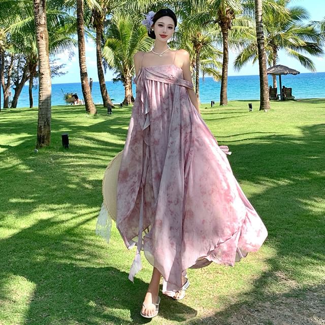 Spaghetti Strap Tie Dye Maxi A-Line Dress