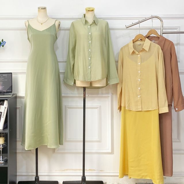Set: Spaghetti Strap Plain Midi A-Line Dress + Button-Up Shirt