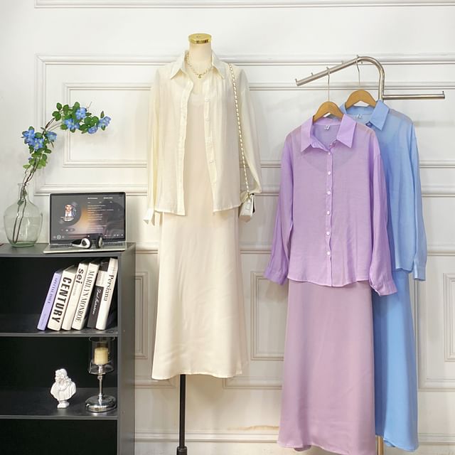 Set: Spaghetti Strap Plain Midi A-Line Dress + Button-Up Shirt