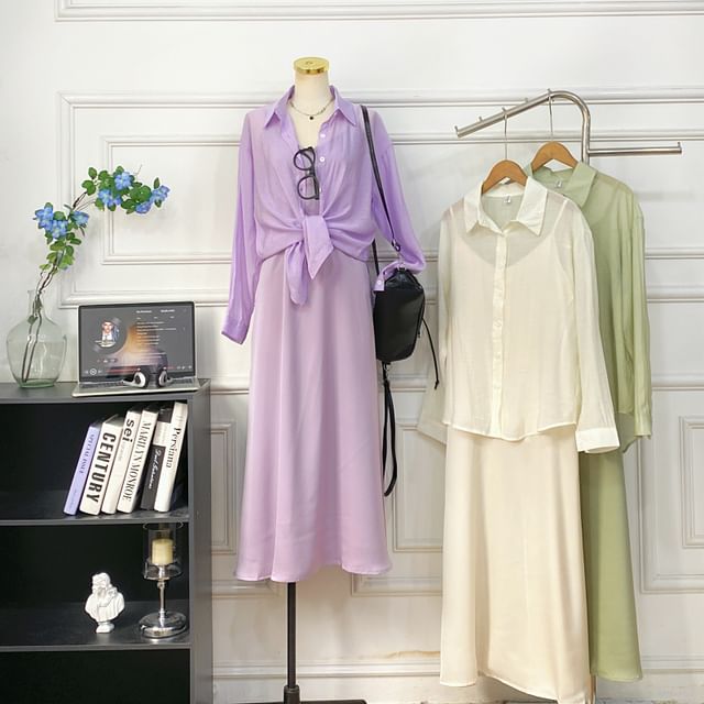 Set: Spaghetti Strap Plain Midi A-Line Dress + Button-Up Shirt