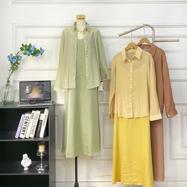 Set: Spaghetti Strap Plain Midi A-Line Dress + Button-Up Shirt