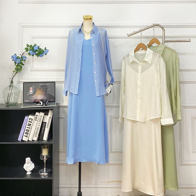 Set: Spaghetti Strap Plain Midi A-Line Dress + Button-Up Shirt