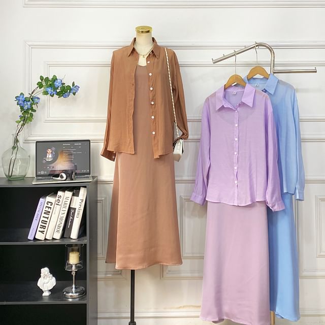 Set: Spaghetti Strap Plain Midi A-Line Dress + Button-Up Shirt