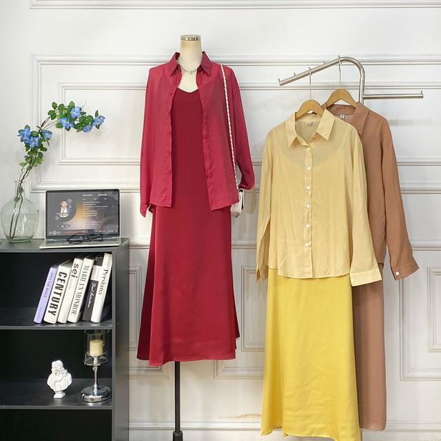 Set: Spaghetti Strap Plain Midi A-Line Dress + Button-Up Shirt
