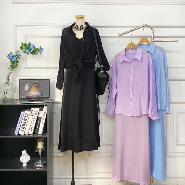 Set: Spaghetti Strap Plain Midi A-Line Dress + Button-Up Shirt