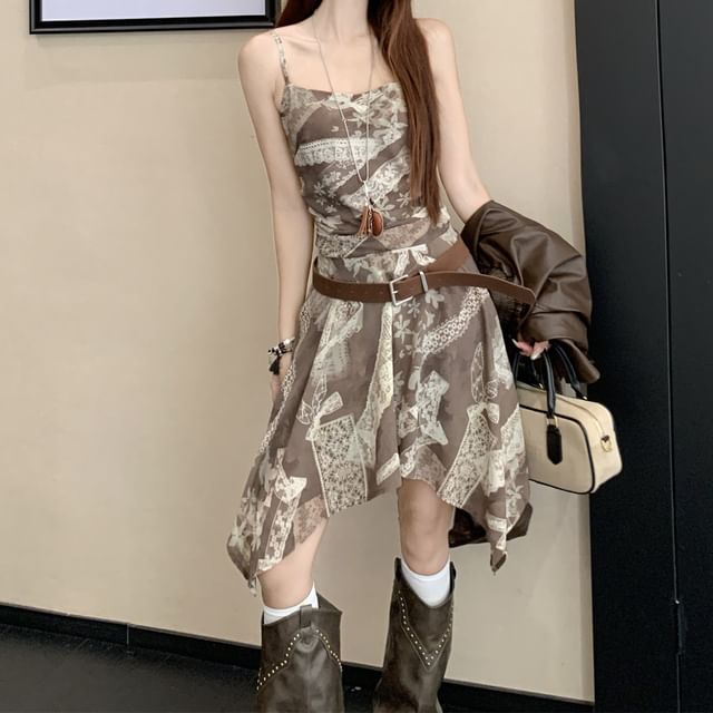 Collared Faux Leather Zip Jacket / Spaghetti Strap Scoop Neck Mini A-Line Dress / Belt / Set