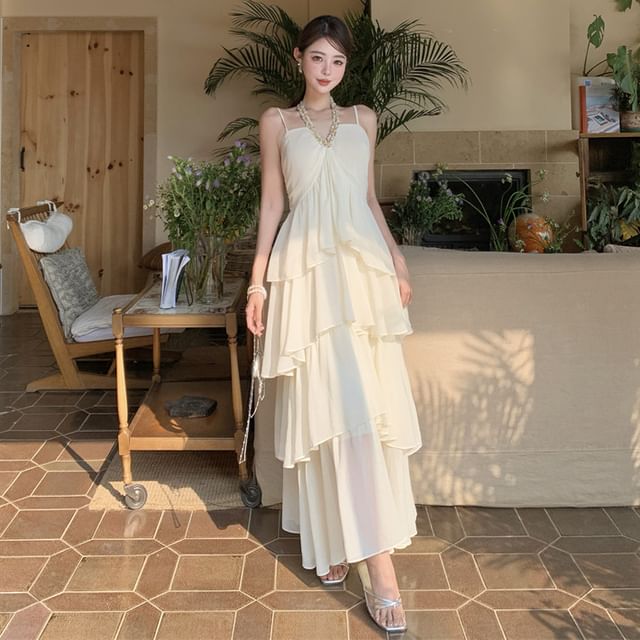 Spaghetti Strap Tiered Panel Maxi A-Line Dress