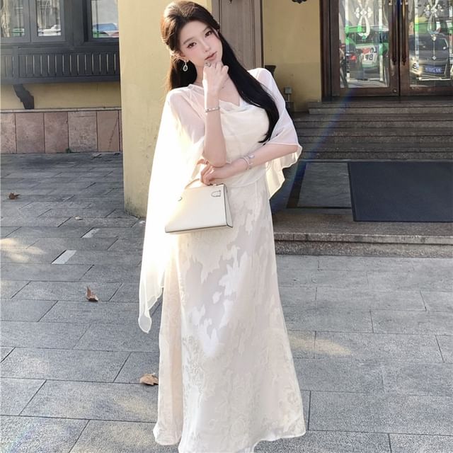 Spaghetti Strap Cowl Neck Jacquard Maxi A-Line Dress / Plain Sheer Shawl