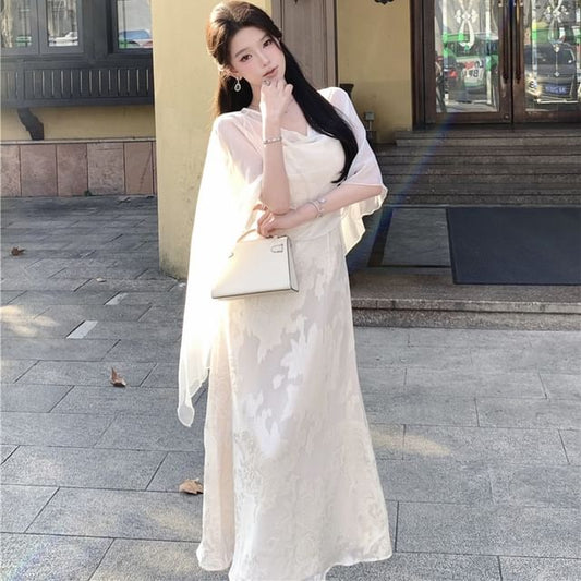 Spaghetti Strap Cowl Neck Jacquard Maxi A-Line Dress / Plain Sheer Shawl