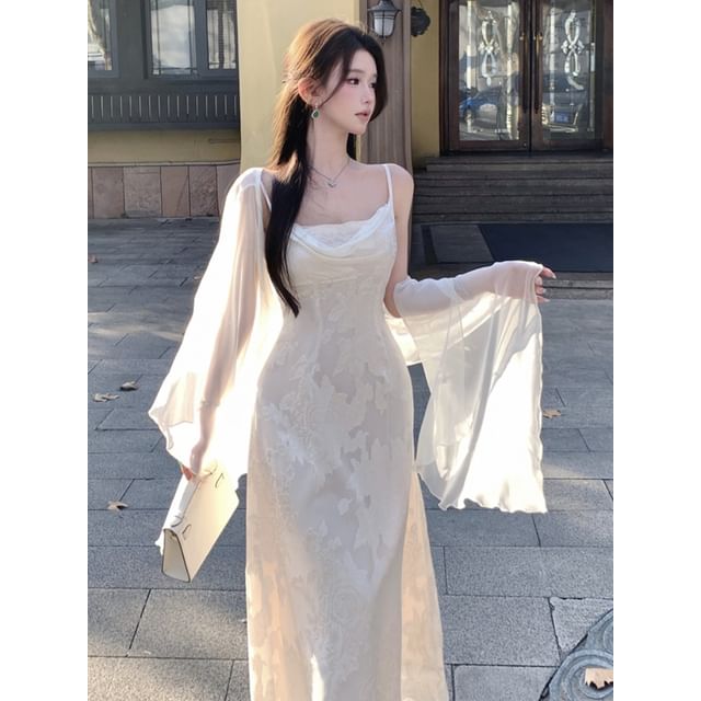 Spaghetti Strap Cowl Neck Jacquard Maxi A-Line Dress / Plain Sheer Shawl