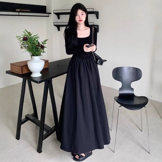 Long Sleeve Square Neck Plain Maxi A-Line Dress