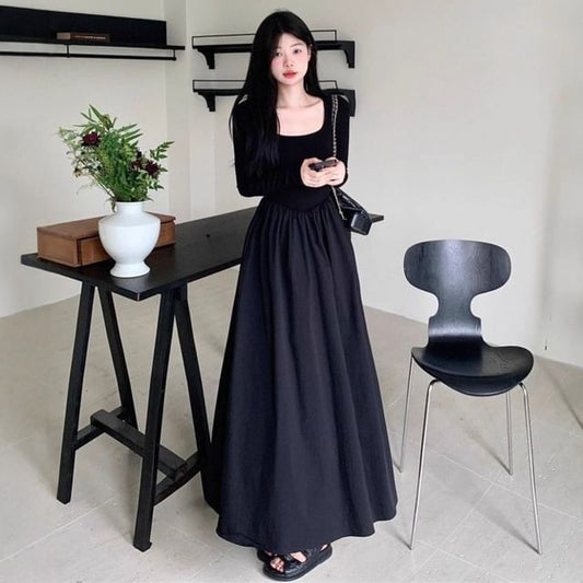 Long Sleeve Square Neck Plain Maxi A-Line Dress