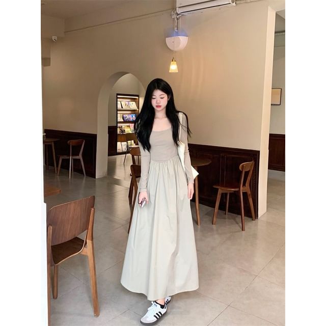 Long Sleeve Square Neck Plain Maxi A-Line Dress
