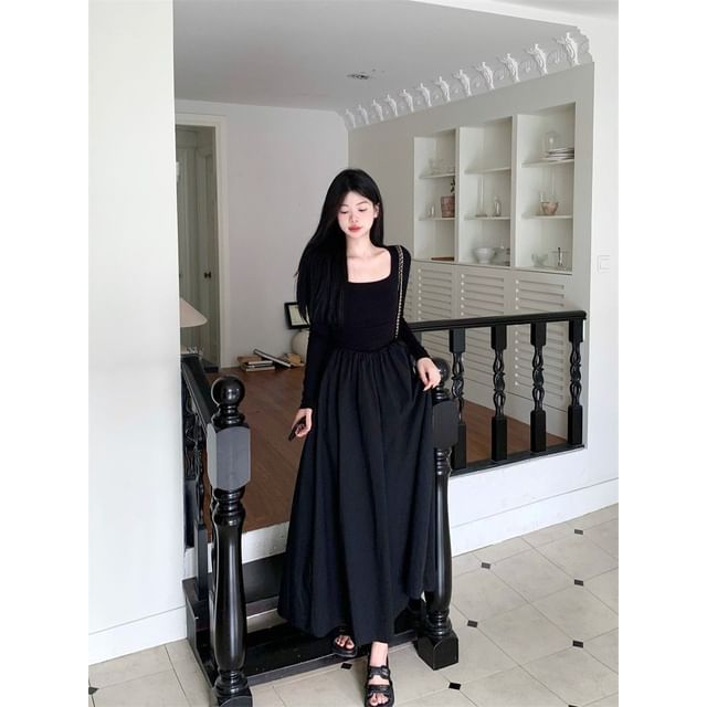 Long Sleeve Square Neck Plain Maxi A-Line Dress