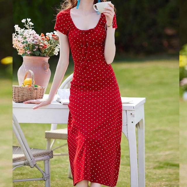 Short-Sleeve U-Neck Dotted Maxi A-Line Dress