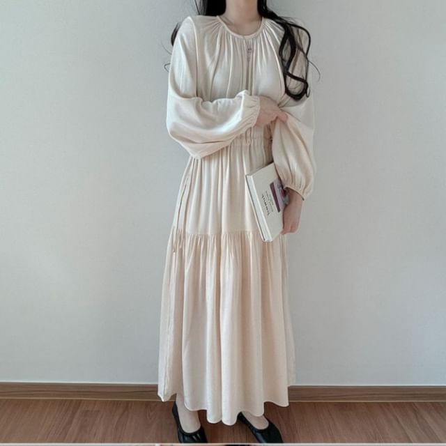 Puff-Sleeve Round Neck Plain Maxi Smock Dress