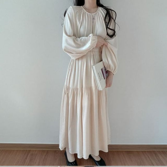 Puff-Sleeve Round Neck Plain Maxi Smock Dress