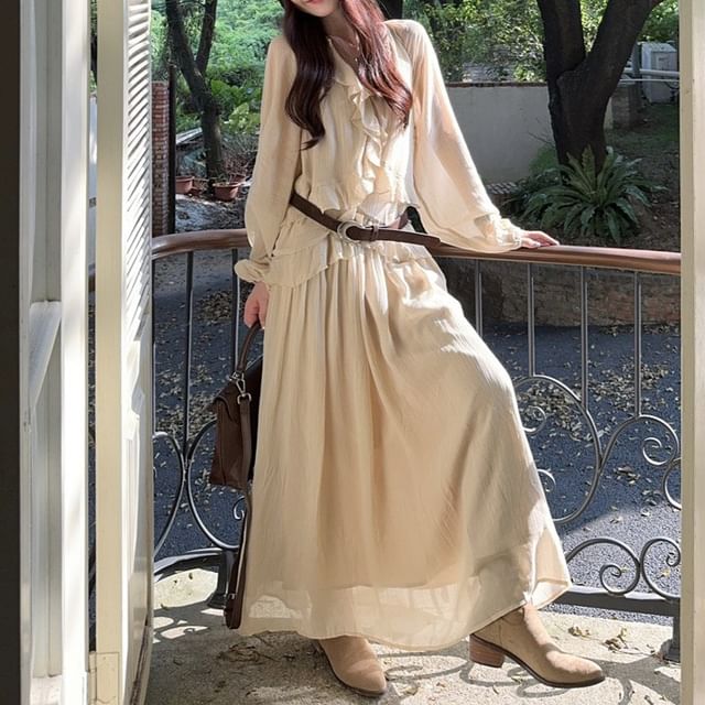 Long-Sleeve V-Neck Plain Ruffle Trim Maxi A-Line Dress