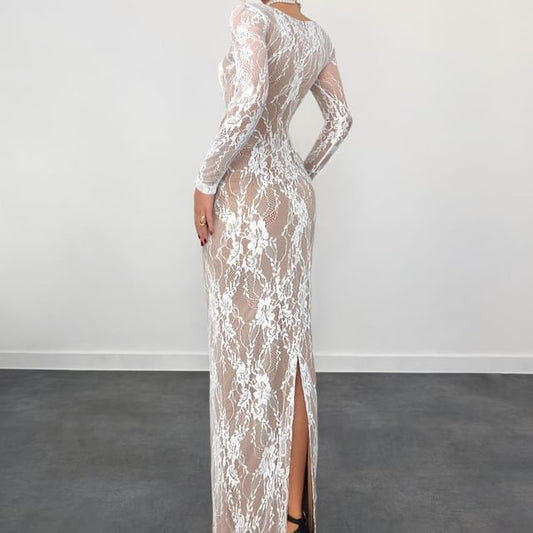 Long-Sleeve Square Neck Slit Lace Maxi Sheath Dress