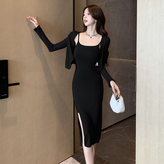 Set: Spaghetti Strap Scoop Neck Plain Slit Midi Bodycon Dress + Lettuce Edge Open Front Crop Cardigan – Sukikawaii