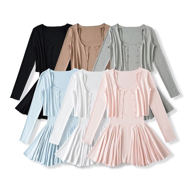 Set: Spaghetti Strap Scoop Neck Plain Mini A-Line Dress + Plain Cardigan