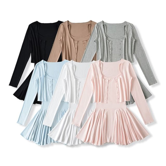Set: Spaghetti Strap Scoop Neck Plain Mini A-Line Dress + Plain Cardigan