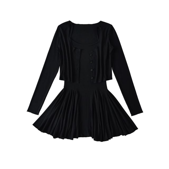 Set: Spaghetti Strap Scoop Neck Plain Mini A-Line Dress + Plain Cardigan