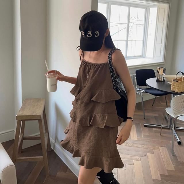 Spaghetti Strap Plain Ruffled Mini A-Line Dress