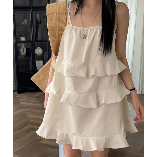 Spaghetti Strap Plain Ruffled Mini A-Line Dress