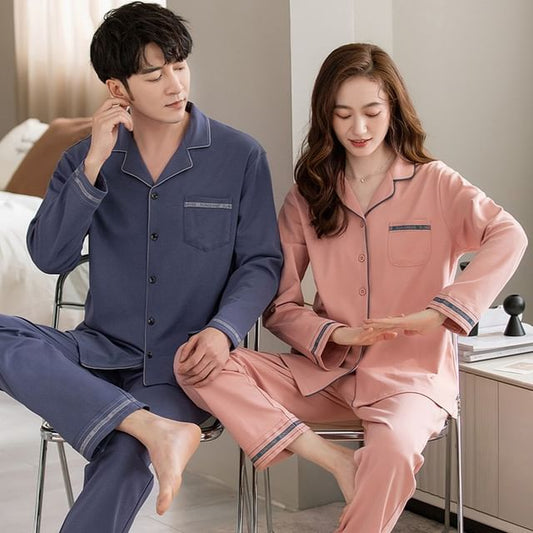 Couple Matching Pajama Set: Long-Sleeve Lapel Collar Contrast Trim Shirt + Pants