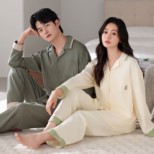 Couple Matching Pajama Set: Long-Sleeve Lapel Collar Contrast Trim Shirt + Pants