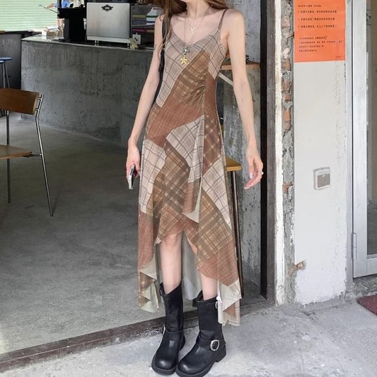 Spaghetti Strap Plaid Asymmetrical Midi A-Line Dress
