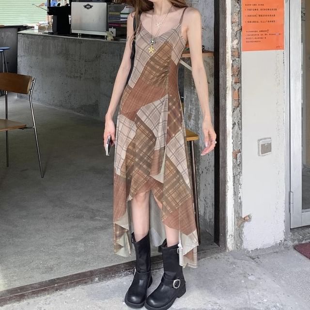 Spaghetti Strap Plaid Asymmetrical Midi A-Line Dress