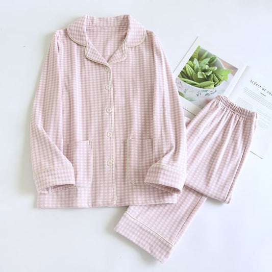 Couple Matching Pajama Set: Long-Sleeve Notch Lapel Gingham Button Top + Pants (Various Designs)