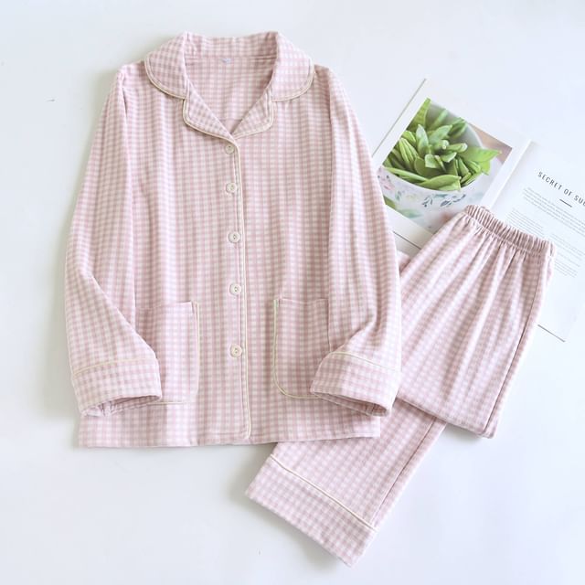 Couple Matching Pajama Set: Long-Sleeve Notch Lapel Gingham Button Top + Pants (Various Designs)