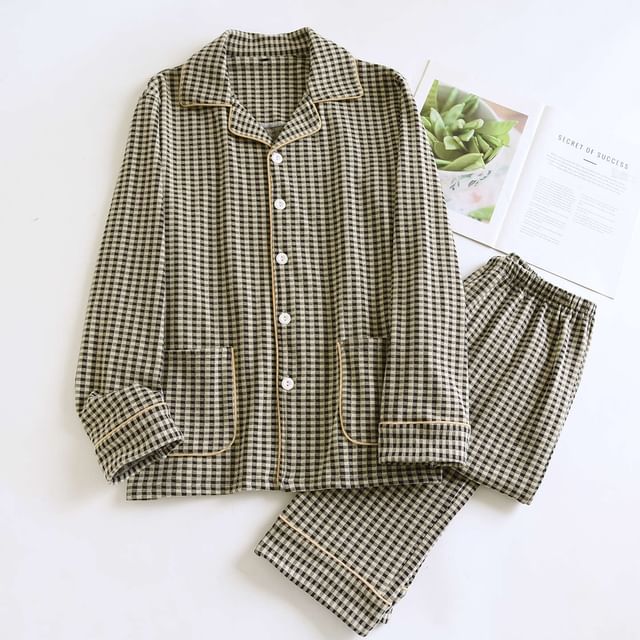 Couple Matching Pajama Set: Long-Sleeve Notch Lapel Gingham Button Top + Pants (Various Designs)