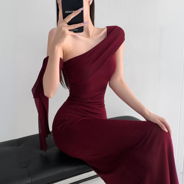 Short-Sleeve Off-Shoulder Plain Ruched Maxi Bodycon Dress