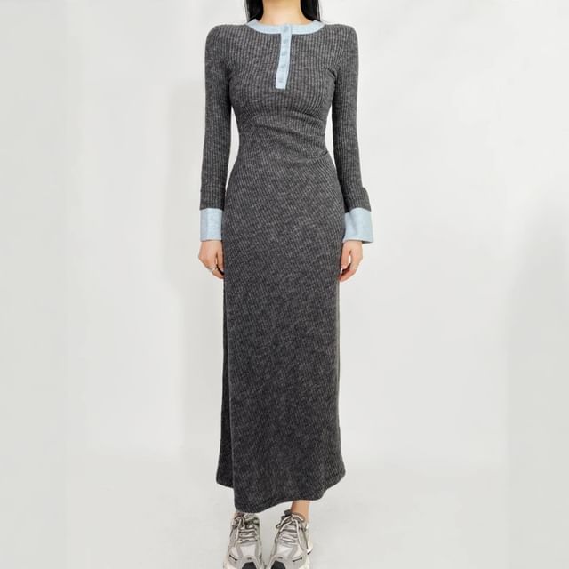 Long-Sleeve Henley Contrast Trim Ruched Maxi Sheath Knit Dress
