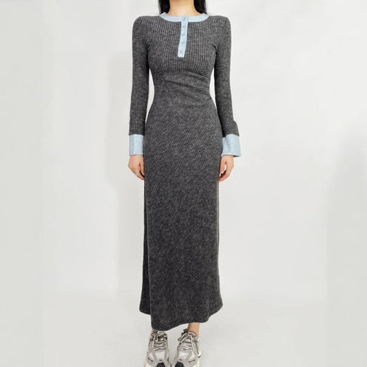 Long-Sleeve Henley Contrast Trim Ruched Maxi Sheath Knit Dress