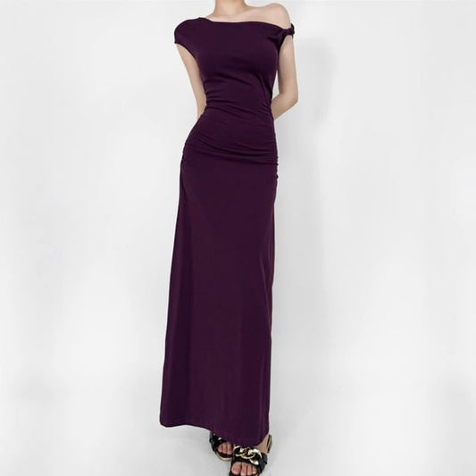 Cap-Sleeve Off-Shoulder Plain Asymmetrical Ruched Maxi A-Line Dress