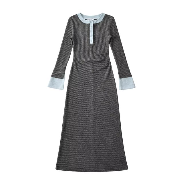 Long-Sleeve Henley Contrast Trim Ruched Maxi Sheath Knit Dress