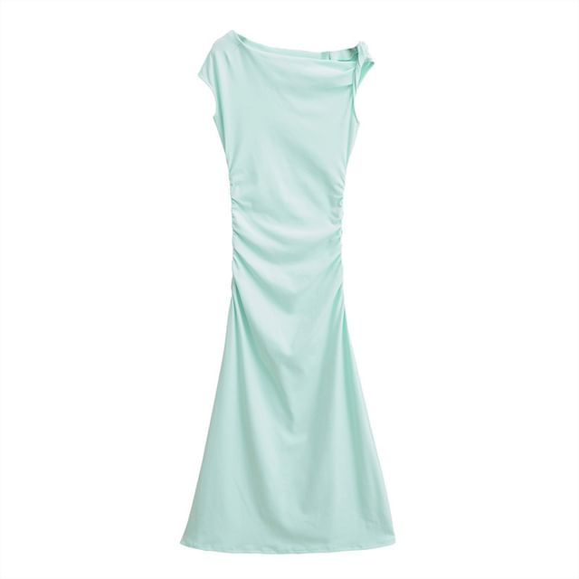 Cap-Sleeve Off-Shoulder Plain Asymmetrical Ruched Maxi A-Line Dress