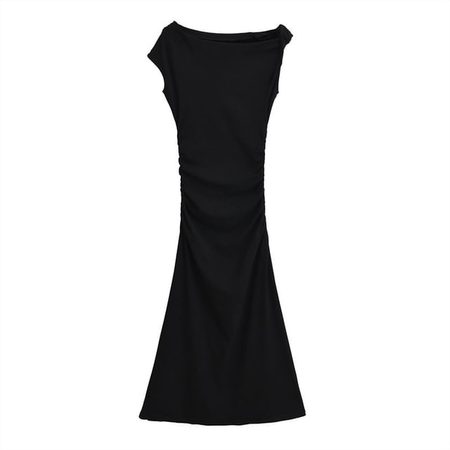 Cap-Sleeve Off-Shoulder Plain Asymmetrical Ruched Maxi A-Line Dress